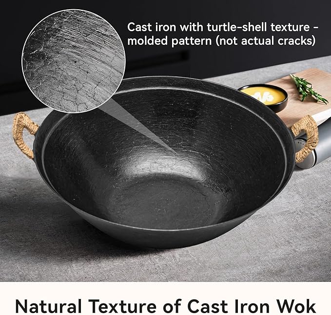 WANGYUANJI 13.4" Flat-Bottom Cast Iron Wok Pan with Lid, Dual Handles, Traditional Handcrafted Chinese Wok, Coating-Free, Not Pre-Seasoned, Works with Induction/Gas/Ceramic