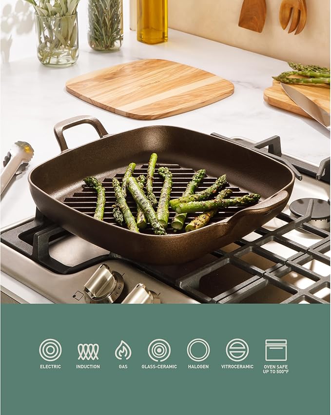 Bloomhouse - Two Time Oprah's Favorite Things Winner - Natural Bronze Finish 12" Square Cast Iron Grill Pan ??Olive Oil Treated Surface w/Dual Handles & Olive Wood Trivet, Oven Grill Campfire Safe