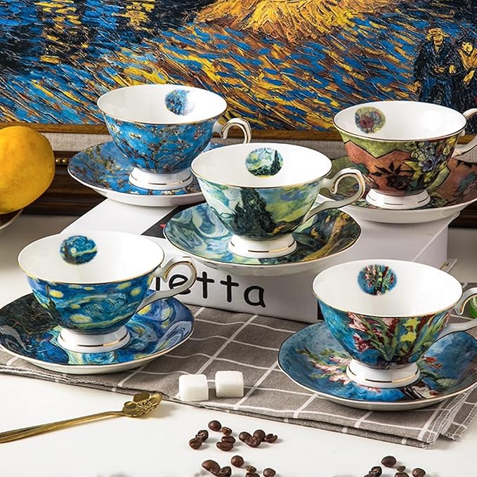 Van Gogh Bone China Set of 4 Cups and Saucers, Coffee Cup and Saucer Set With Gift Box, 7.4-Ounce Art Coffee Mugs Set - Perfect Birthday/Holiday/Wedding Gift