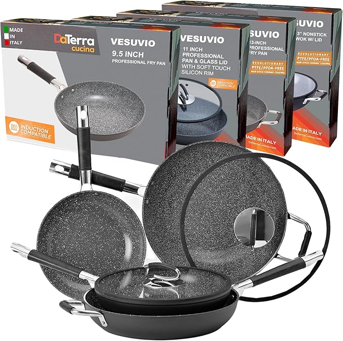 DaTerra Cucina Nonstick 4-Skillet Bundle ??9.5" and 13" Fry Pans, 11" Fry Pan and 13" Wok with Lid, Oven Safe, Ceramic Nonstick Cookware, PTFE & PFOA Free, Made in Italy ??Volcanic Black Speckled