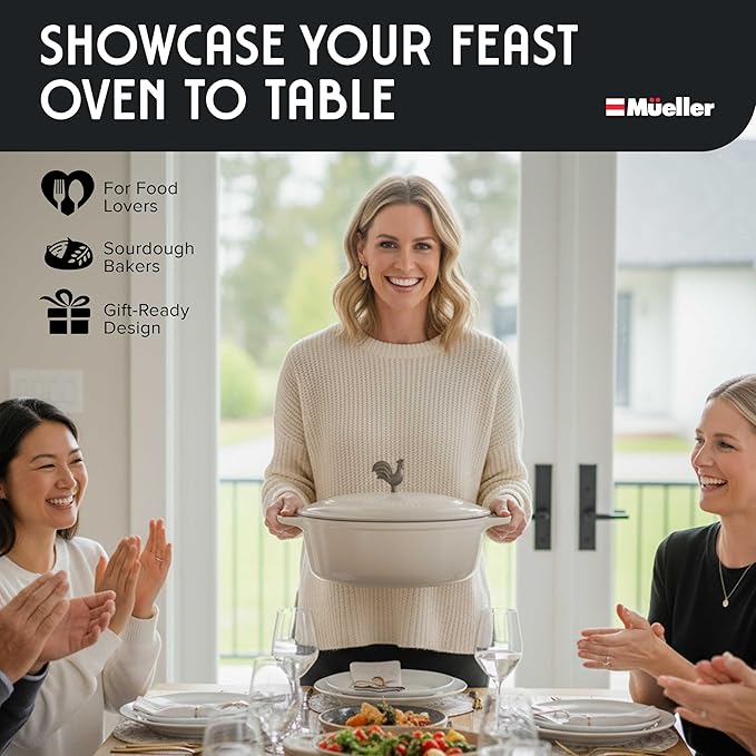 MUELLER HOME 5.5 Quart Enameled Cast Iron Oval Dutch Oven with Rooster Knob & Cotton Potholders, Heavy-Duty Cookware, Oven-Safe up to 500째 F & Across All Cooktops, Gifts for Grandma & Women, White