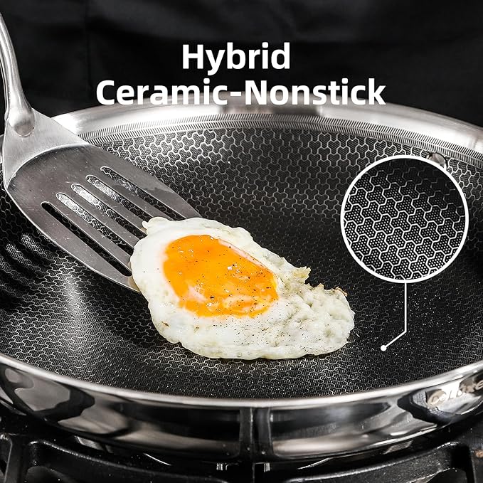 Deluxe 13 Piece Hybrid Ceramic Nonstick Stainless Steel Cookware Set-5 Piece Frying Pan Set, 6 PC Pot Set, 3.7QT Deep Saut챕 Pan&Lid, Induction Ready, Stay Cool, PFOA Free Compatible with All Cooktops
