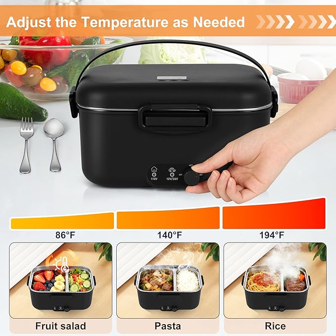 Electric Lunch Box Food Warmer 1.8L - 100W Mechanical Temperature Control Heated Lunch Box for Adults, 12V/24V/110V Fast Heating Lunchbox Food Heater for Work/Car/Truck, Fiambrera el챕ctrica port찼til