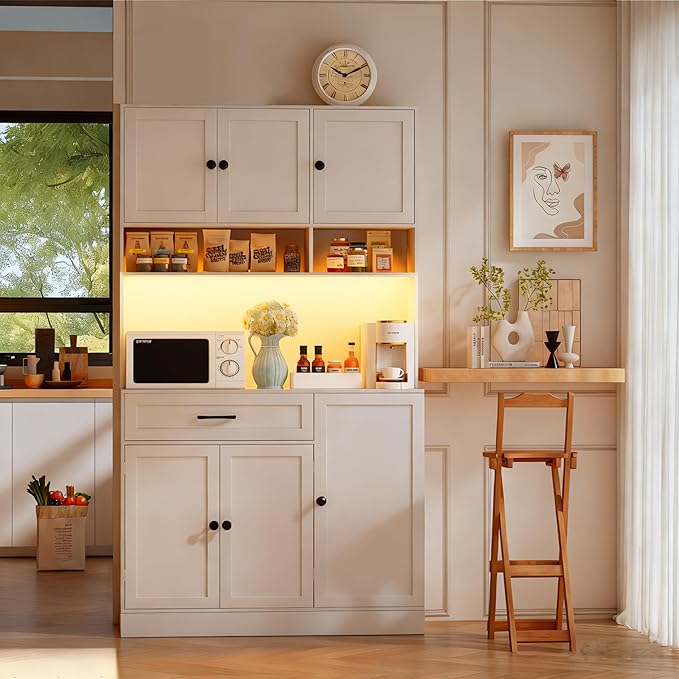 72" Kitchen Pantry Cabinet with LED Light and Charging Station Tall Pantry Storage Cabinet with Adjustable Shelves and Door Shelves Modern Kitchen Hutch with Microwave Stand and Countertop