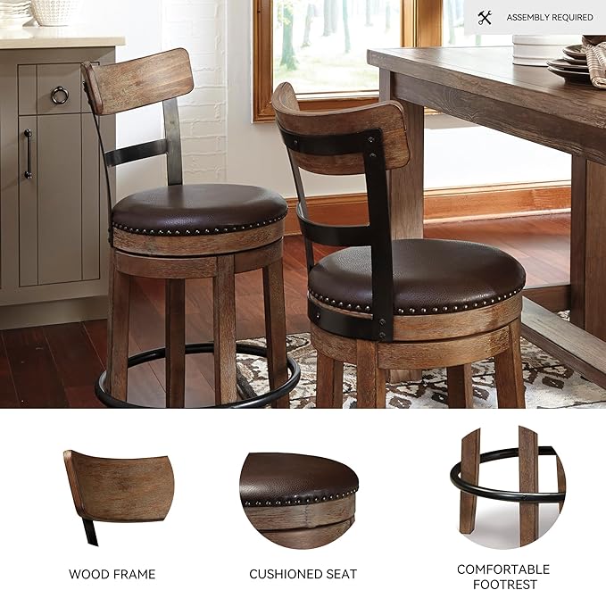 Signature Design by Ashley Pinnadel |24.25" Counter-Height Swivel Bar Stool ??Modern Farmhouse, Faux Leather, 360째 Swivel, Nailhead Trim, Rustic Light Brown