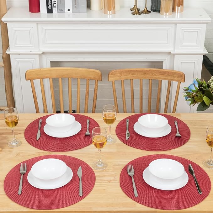 Winknowl Round Braided Placemats Set of 6 Washable Woven Heat Resistant Table Mats for Kitchen Dining Tables 15 inch Round Place Mats (Red,6pcs)