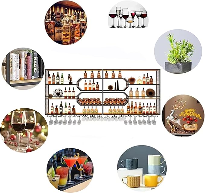 4-Tier Wine Rack Wall-Mounted & 39Inch Large Bar Shelf for Liquor Bottles, Black Metal Storage for Wine and Liquor Bottles in Home Bars or Dining Rooms (No Lighting, Right)