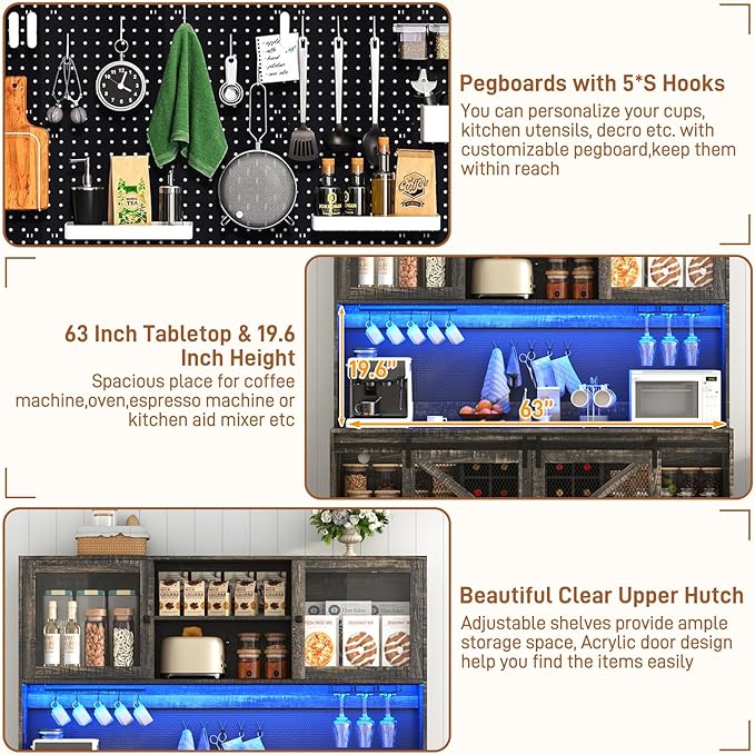 63"Wide 74"H Farmhouse Coffee Bar Cabinet w/ LED Light,Wine Bar Cabinet w/ Storage Hutch,Pegboard,Drawers,Kitchen Buffet Cabinet w/Sliding Barn Door & 10 Wine Glass Racks for Kitchen Dining Room