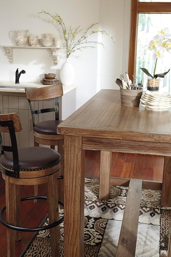 Signature Design by Ashley Pinnadel |24.25" Counter-Height Swivel Bar Stool ??Modern Farmhouse, Faux Leather, 360째 Swivel, Nailhead Trim, Rustic Light Brown
