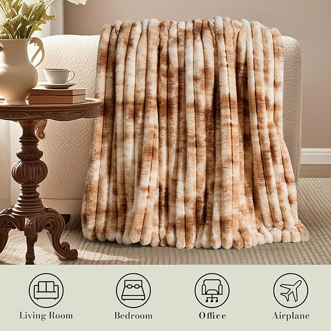 Am챕lie Home Faux Fur Throw Blanket for Couch, Cozy Fuzzy Fluffy Fur Luxurious Soft Striped Plush Gift Blankets for Family Sofa Chair Bedroom, 55"x70", Tie-dye Khaki