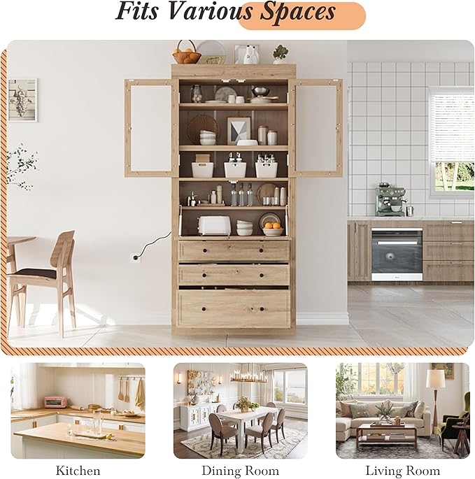 Merax 78 Inch Extra-Tall Freestanding Kitchen Pantry Storage Cabinet, Multifunctional Cupboard with 3 Drawers, Adjustable Shelves & Power Outlet Drop-Down Surface for Dining and Living Room, Natural