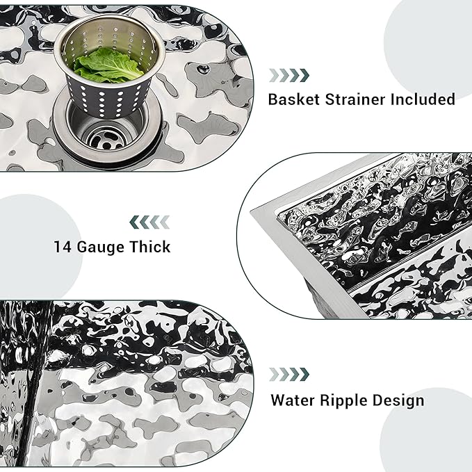 CT Copper Tailor 42"x 21.25" x 9" Water Ripple Stainless Steel Kitchen Sink,14 Gauge Thick, Undermount Deep Single Bowl Workstation Sink with Basket Strainer