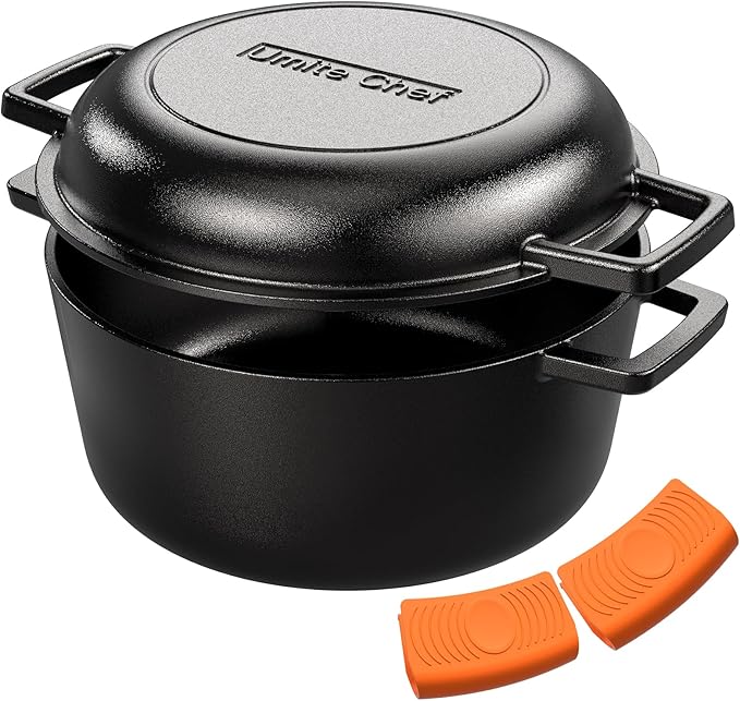Cast Iron Dutch Oven Pot with Skillet Lid ??Pre-Seasoned ??Skillet Lid Cooking Pan??PFAS-Free ?밬mite Chef Cast Iron Skillet Cookware for Bread, Frying, Baking ??Dual Handles ??Oven, Grill, Campfire & Stovetop Safe ??Durable & Non-Toxic, 5QT