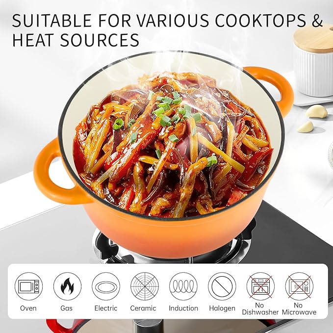 6 Quart Enameled Cast Iron Dutch Oven Pot with Lid, Oven Safe up to 500째F or on Stovetop, Non-stick Dutch Oven for Bread Baking, Cooking, Dual Handles Cookware, Orange