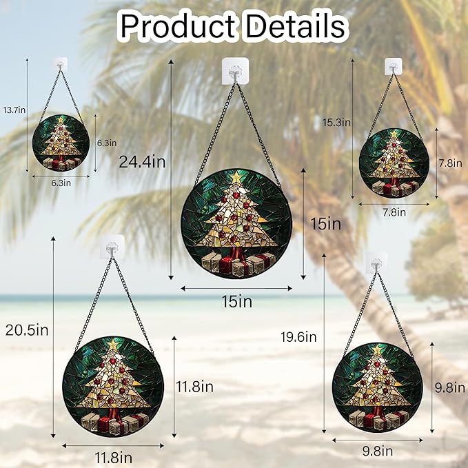 Stained Glass Window Hanging - Golden Christmas Tree Suncatcher for Doors Home Christmas Decoration Winter Sun Catcher Thanksgiving New Year Birthday Gifts for Women Men Mom Nana Girl 11.8 in