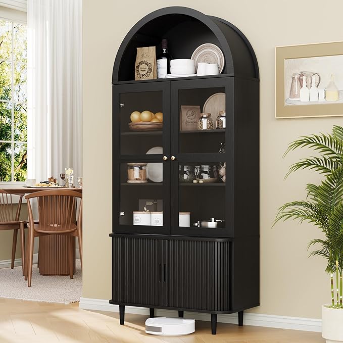 DHH 71" Tall Arched Kitchen Pantry, Modern Farmhouse Wood Kitchens Storage Cabinets with Sliding Doors竊?Adjustable Shelves, Versatile Cupboard for Kitchen, Living Dining Room, Bathroom (Black)