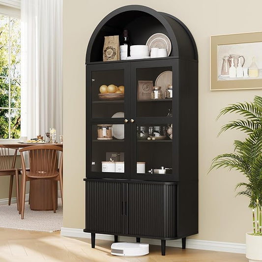 DHH 71" Tall Arched Kitchen Pantry, Modern Farmhouse Wood Kitchens Storage Cabinets with Sliding Doors竊?Adjustable Shelves, Versatile Cupboard for Kitchen, Living Dining Room, Bathroom (Black)