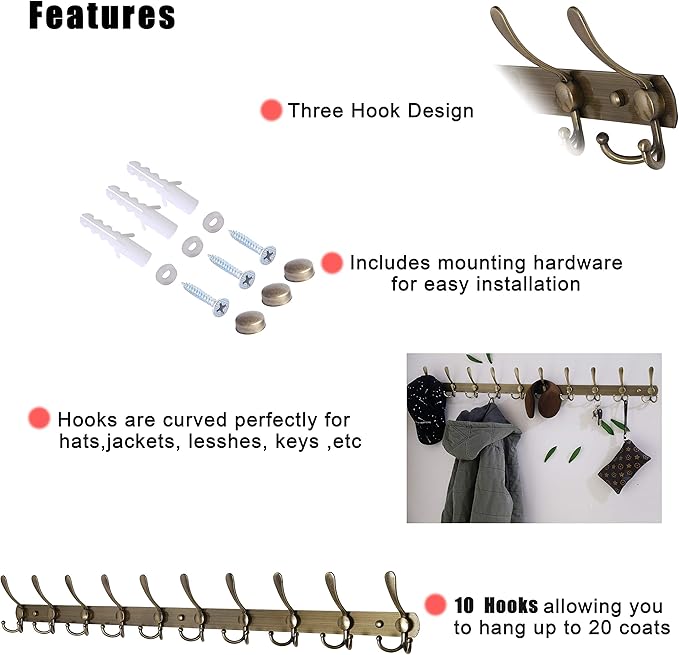 Dseap Coat Rack Wall Mount - 38??Long 10-Tri-Hooks Heavy Duty Coat Hanger Rail Wall Hooks for Hanging Coats Hats Clothing Clothes Purse Mudroom Entryway, Bronze, Pack of 2
