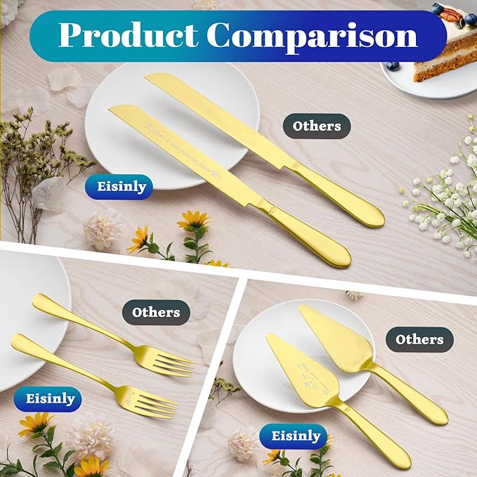 Cake Cutting Set for Wedding, Elegant Cake Knife and Server Set with Stainless Steel Forks, Cake Cutter and Pie Spatula for Couples Wedding Registry, Engagements, Anniversary, 4 Pcs, Gold