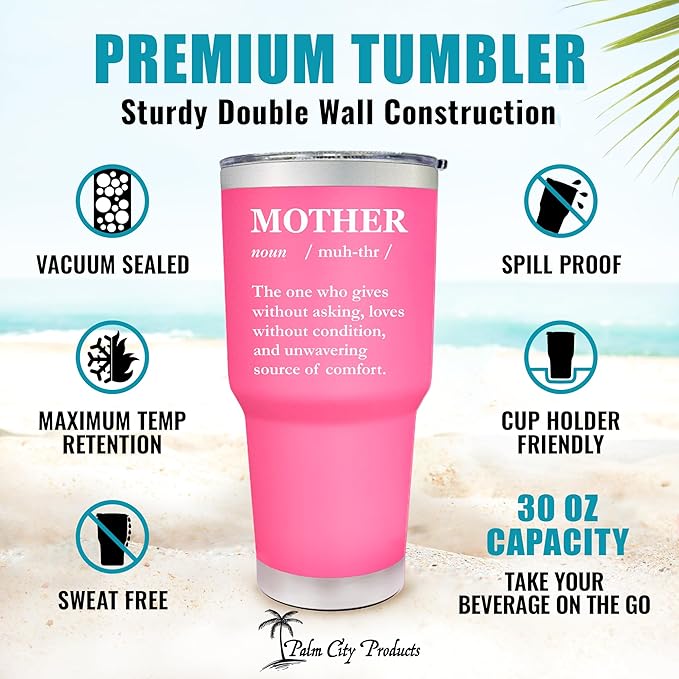 Palm City Products Mother Definition 30 oz Tumbler - Pink Insulated Cup for Mothers - Large Stainless Steel Tumbler with Spill Proof Lid - Mother's Day Tumbler Gift - Cute Mom Travel Mug