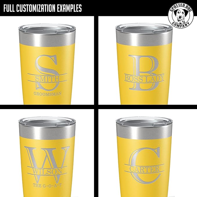Personalized 20oz (17 Colors) Powder Coated Insulated Stainless Steel Tumbler with Lid, Custom Etched, Customized Engraved Gift Idea for Women Men Her Him, Halpert Monogram Initial Name (Yellow)
