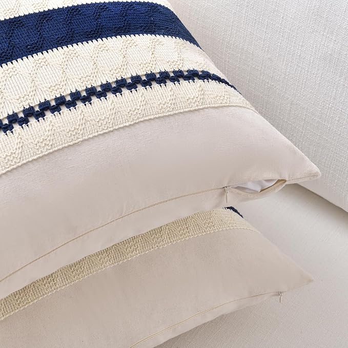 Fancy Homi Set of 2 Navy Blue Lumbar Decorative Throw Pillow Covers 12x24 Inch for Couch Bed Sofa Living Room, Aesthetic Modern Organic Farmhouse Home Decor, Soft Cotton Woven Textured Cushion Case