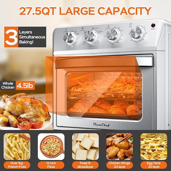 27.5QT 6-in-1 Air Fryer Toaster Oven Extra Large Dropdown-Door 6-Slice Convection Oven for Air Frying, Baking, Roasting, Broiling & Grilling, Stainless Steel Housing, Stainless Steel