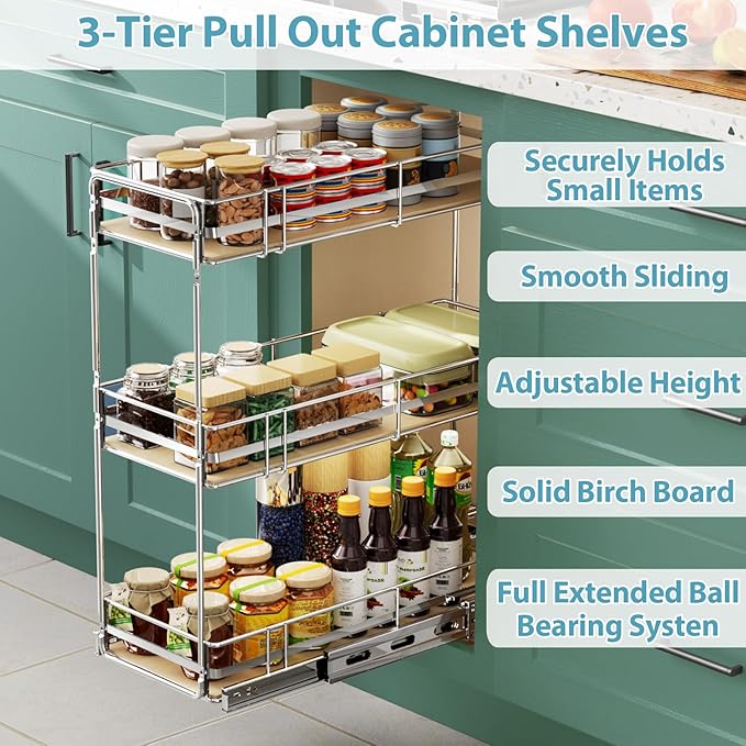 Pull Out Spice Rack Cabinet Organizer 7" W x 20쩍" D, 3 Tier Heavy Duty Slide Out Wood Shelf for Narrow Cabinet, Pull Out Storage for Kitchen