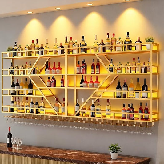 63in Large Wall Mounted Wine Rack, 4 Tier Modern Diamond Shaped Floating Bar Wine Storage Display Shelf, Metal Industrial Liquor Bottles Shelves Wine Glass Holder (Gold, 4 Tier,63in)