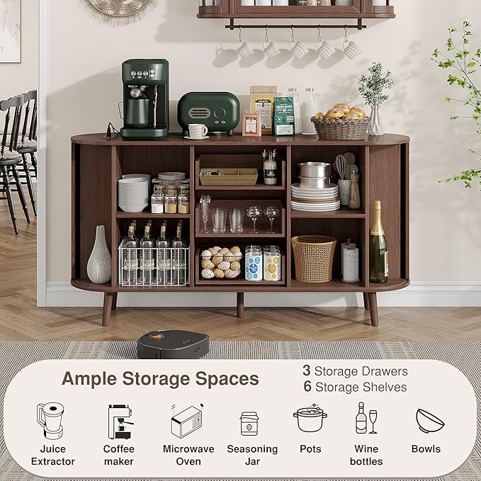 59" Sideboard Buffet Cabinet ,Storage Cabinet with with Charging Station & Drawers & Sliding Door & Adjustable Shelves, Modern Accent Coffee Bar Console Table for Kitchen Entryway, Living Room, Walnut