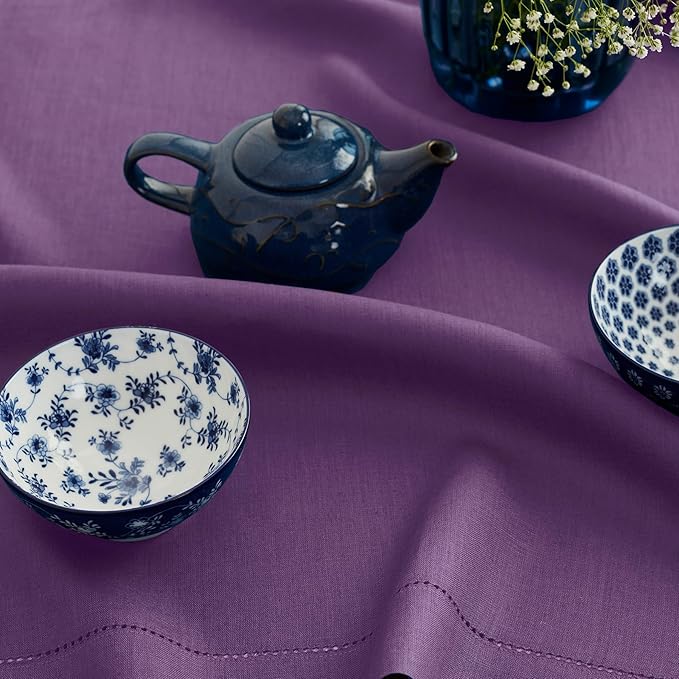 Solino Home Linen Tablecloth for Rectangle Tables 60 x 132 Inch - Classic Hemstitch 100% Pure Linen Purple Table Cloth - Machine Washable Cloth Tablecloth for Valentines, Spring, Easter