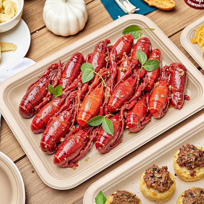 14 Inch 50 Pack Disposable Crawfish Trays Eco-friendly Heavy-Duty Large Paper Plates 100% Compostable Disposable Trays for Crawfish, BBQ, Seafood Boil Party Supplies Natural