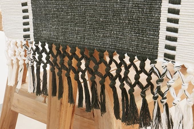 PurpleEssences Table Runner - Wide with Dobby Stripe, Heavy Ribbed Weave & Double Knot Fringes, 14x54 Inch (14x59.5 with Fringes) Farmhouse Decor Christmas Holiday Winter - Artichoke Green and H.White