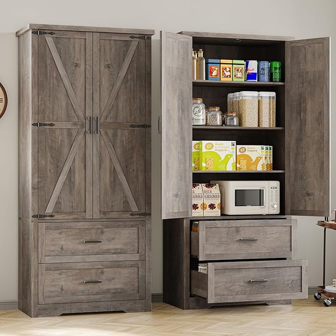 Pantry Organizers and Storage Cabinet, 71??Barn Door White Kitchen Cabinet with Drawers and Adjustable Shelf, Tall Pantry for Kitchen, Dining Room, Living Room. Bathroom and Office