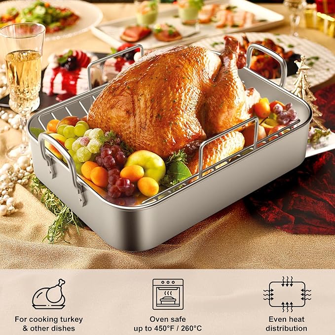 Stainless Steel Roasting Pan, 17*13 Inch Turkey Roaster with Rack - Deep Broiling Pan & V-shaped Rack & Flat Rack, Non-toxic & Heavy Duty, Great for Thanksgiving Christmas Roast Chicken Meat Lasagna