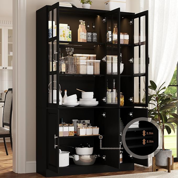 MEISSALIVVE 78.7" Kitchen Pantry Storage Cabinet with LED Lights, Tall Pantry Cabinet with Glass Doors, Kitchen Hutch Utility Pantry, Black (47.2" W x 15.7" D)