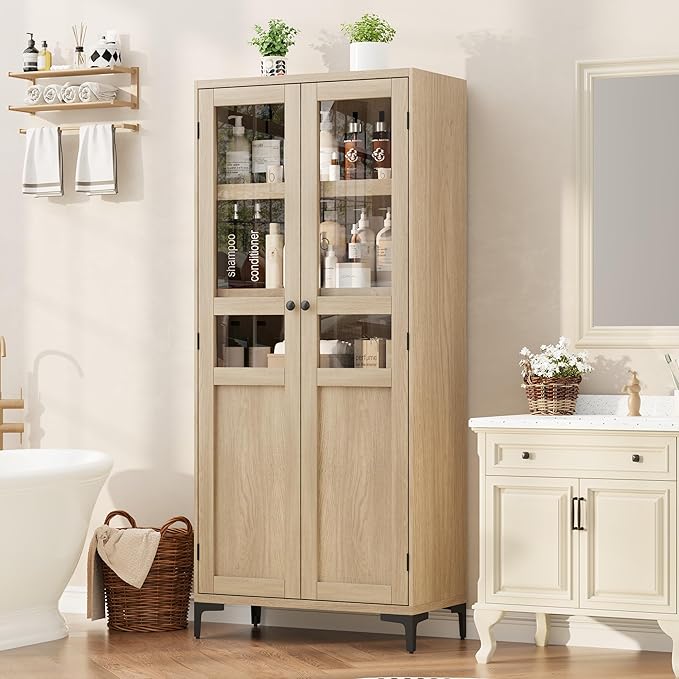 IDEALHOUSE Tall Storage Cabinet with Glass Doors, 71" Height, Adjustable Shelf, Light Oak Wood, Multi-Purpose Organizer for Kitchen Pantry and Bathroom (Natural Wood, 2 Doors with Glass)