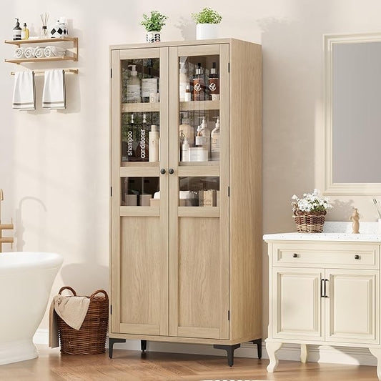 IDEALHOUSE Tall Storage Cabinet with Glass Doors, 71" Height, Adjustable Shelf, Light Oak Wood, Multi-Purpose Organizer for Kitchen Pantry and Bathroom (Natural Wood, 2 Doors with Glass)