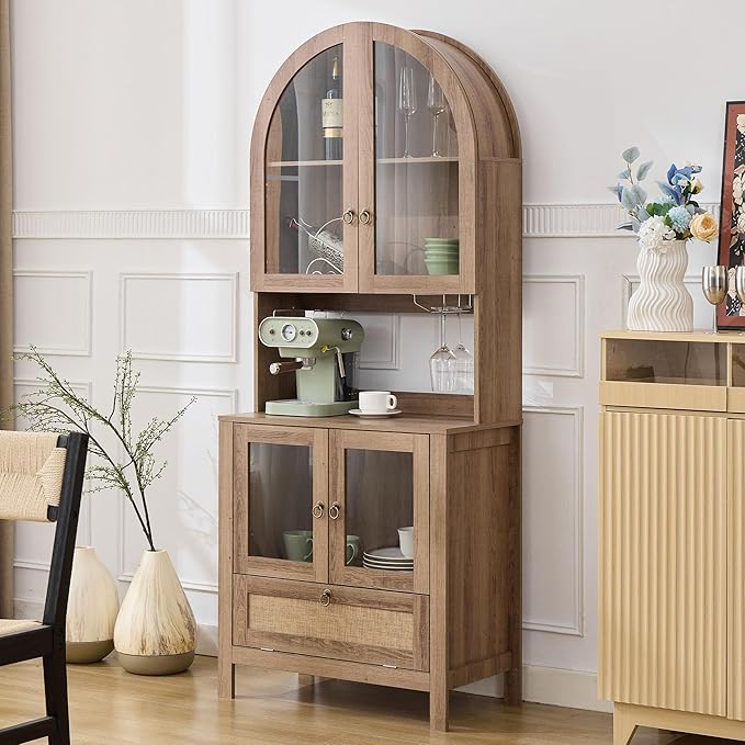 TYBOATLE 75'' Tall Arched Pantry Cabinet w/Accessible Storage Area, China Cabinet w/Anti-Tipping Device and Innovative Drawer, Versatile Cupboard for Kitchen, Dining (Natural)