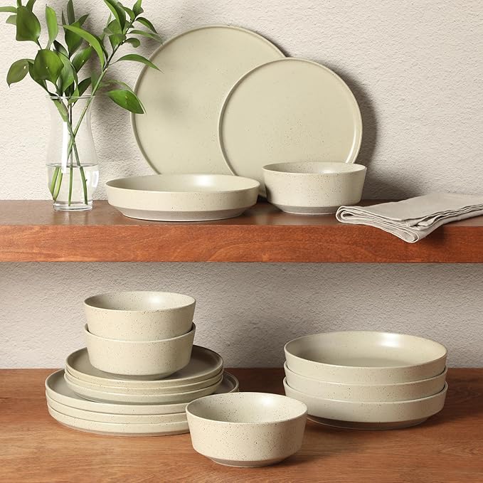 Gibson Elite Overbrook 16-Piece Pottery Clay Stoneware Dinnerware Set ??White Reactive Glaze, Stackable Plates and Bowls w/Pasta Bowl, Service for 4 ??Microwave & Dishwasher Safe