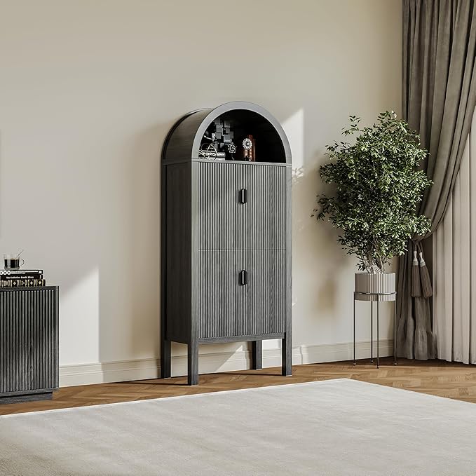 71" Tall Arched Fluted Storage Cabinet - Modern Pantry Cabinet with 4-Tier Shelves, Open Display & Sealed Storage, Accent Sideboard for Living Room Kitchen Dining Room (Dark Gray)