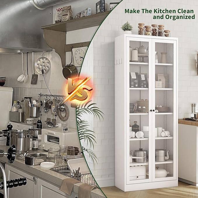 72" Tall Kitchen Pantry Cabinet,White Metal Pantry Cabinet with 2 Doors & 5 Adjustable Shelves,Utility Storage Cabinet Rust-Resistant for Living Room,Dining Room,Bathroom,Garage,Basement