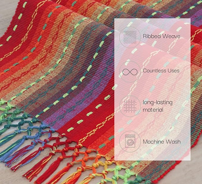 PurpleEssences Table Runner - Wide with Dobby Stripe, Heavy Ribbed Weave & Double Knot Fringes, 14x90 Inch (14x95.5 with Fringes) Boho Farmhouse Decor - Christmas Holiday Winter - Spice
