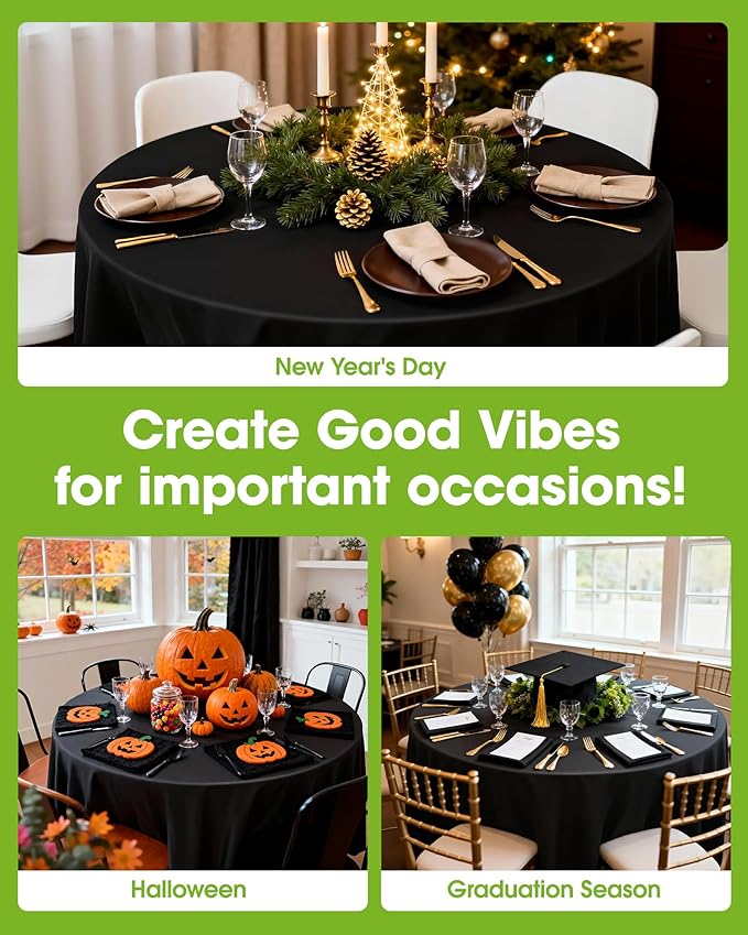 Pureegg Plastic Table Cloth Disposable 12 Pack, 84'' Round Table Cloths, Graduation Decorations Class of 2025, Graduation Party Tablecloths, Round, Plastic Cover, Leakproof & Sturdy, Black
