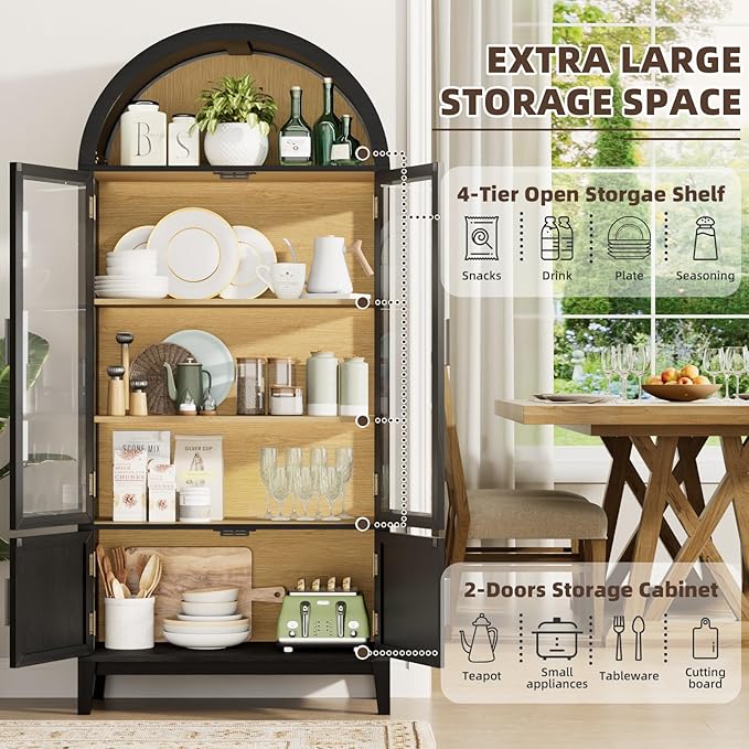 71" Kitchen Pantry Cabinet, Arched Bookcase China Pantry Storage Cabinet with Glass Doors and Shelves, Human Body Sensor, Versatile Cupboard for Kitchen, Living Room, Dining Room (Black)