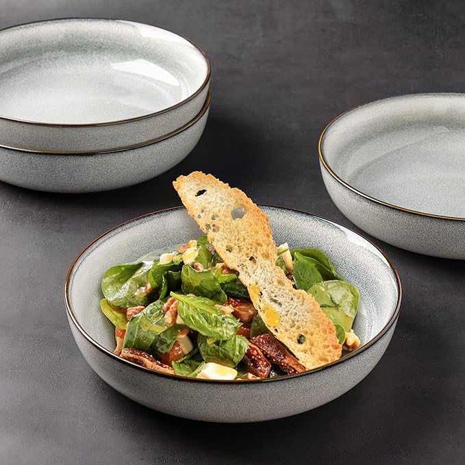 GBHOME 8.75'' Large Ceramic Pasta Bowls, 38oz Stoneware Pasta Serving Bowls Set of 4 for Kitchen, Wide Bowls for Fruit,Pasta,Salad,Oatmeal,Meal, Microwave Safe, Reactive Glaze-Green Wheat