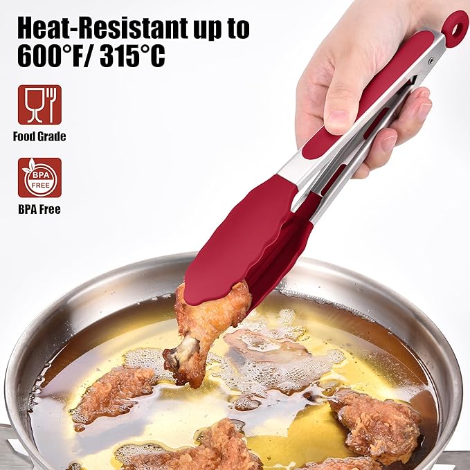 Doosu Kitchen Tongs for Cooking - 600째F Heat Resistant Food Tong with Non-Scratch Silicone Tips, Heavy Duty Stainless Steel Locking Tong for BBQ, Grilling Steak, Serving Salad, Pasta (9in, Red)