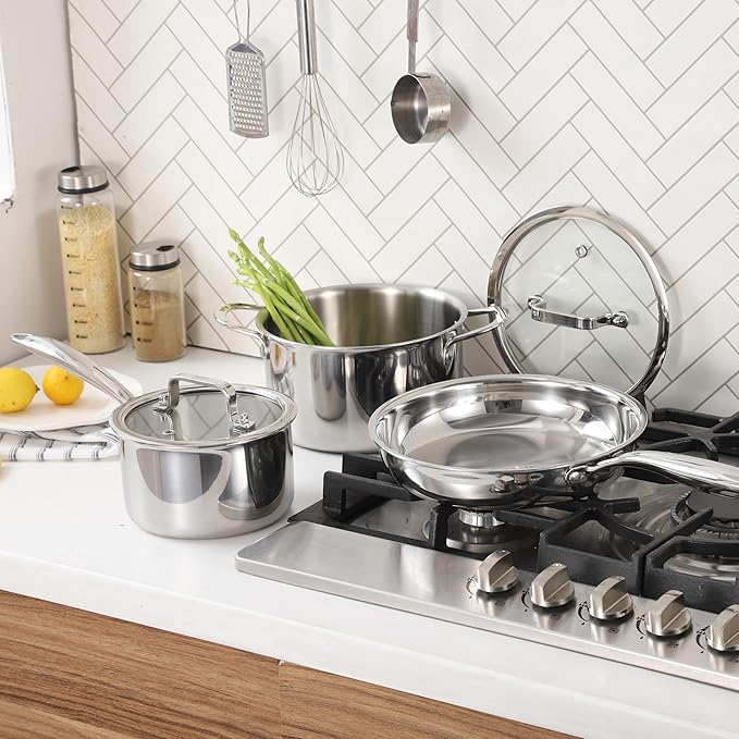 Cooking pots including glass lids, frying pan, set of 3 pots/pan, 횠16cm, 횠20cm, 횠26cm, dishwasher-safe, pots for induction, fully lined 3-ply stainless steel