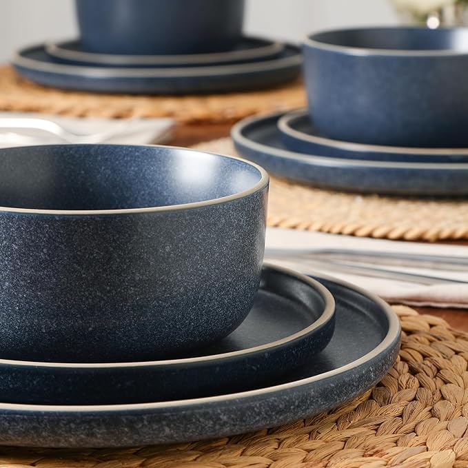 Earth & Clay Amber 12-Piece Dinnerware Set Stoneware, Dishwasher and Microwave Safe Plates and Bowls Set, Dish Set for 4, Blue