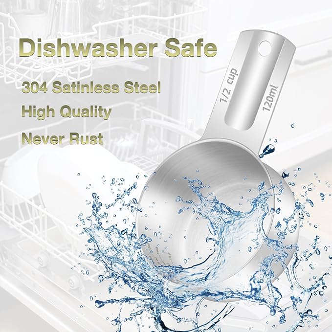 BERYLER 2PCS 1/2Cup (120ml, 4oz) Single Measuring Cup, Etched Inner Scale Stainless Steel Measure Scoop, Metric and US Measurement, Dishwasher Safe